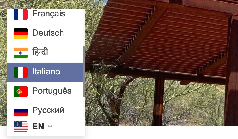 A dropdown menu with some of the languages available on the OYR kiosk. Multiple language offerings allows you to meet your international visitors' needs.
